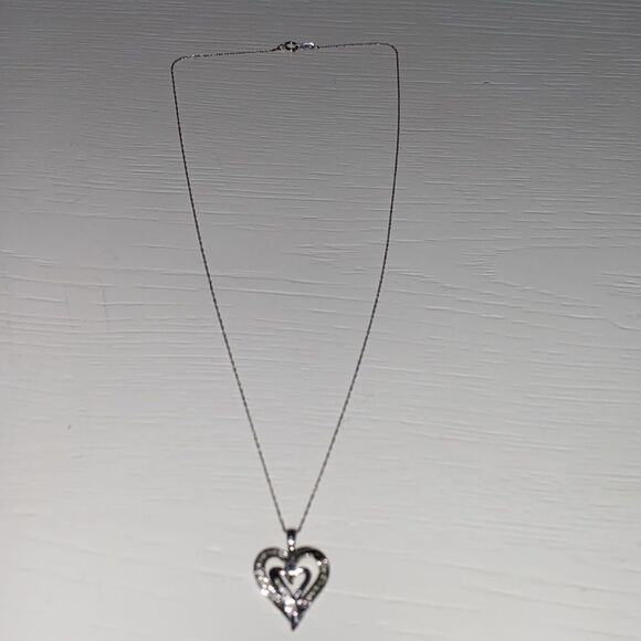 10K White Gold SUN Diamond Double Heart Necklace 18" Chain - Picture 16 of 16